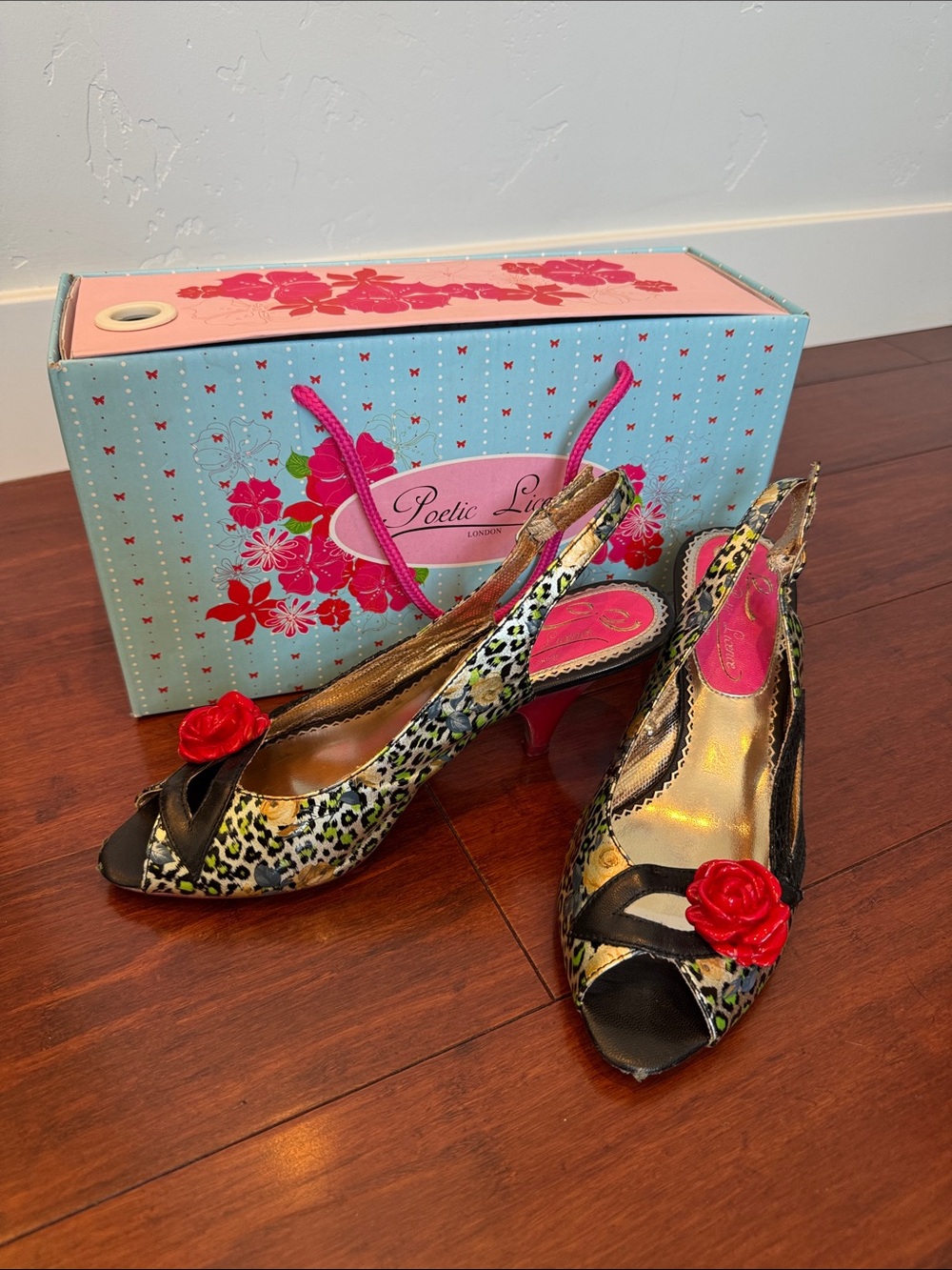 Poetic License Pink Leopard Slingback Heels with Red Rose Accent